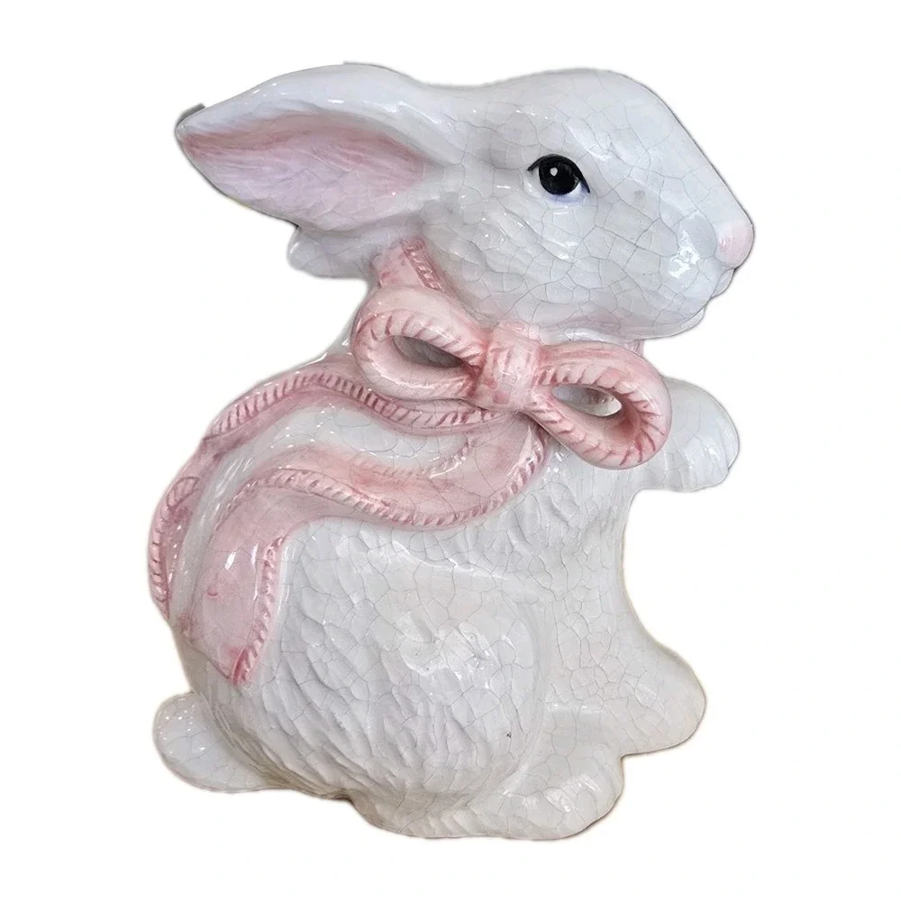 VTG Lot 2 white crackle glaze ceramic bunny pink bow Kitsch Easter Spring Size L